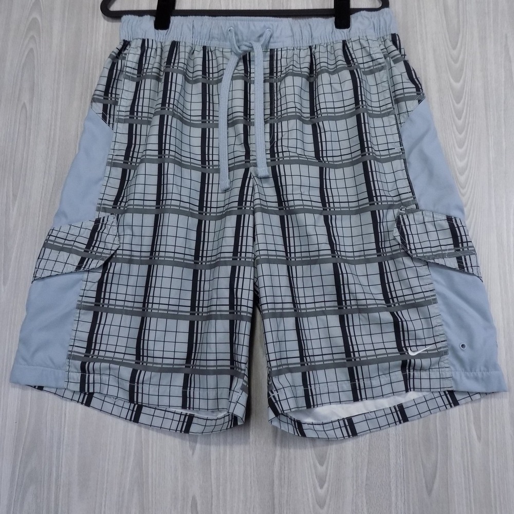 Nike Mens XL Plaid Cargo Board Shorts Blue Black Grid Swim Trunks 395261-002